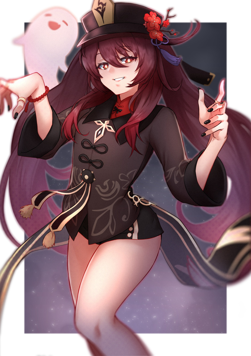 1girl absurdres black_nails black_shorts blurry blush brown_hair chinese_clothes claw_pose coat coattails flower flower-shaped_pupils genshin_impact ghost gradient_hair hat highres hu_tao_(genshin_impact) jewelry kirima_(user_danf8787) long_hair looking_at_viewer multicolored_hair plum_blossoms porkpie_hat red_eyes red_shirt ring shirt shorts symbol-shaped_pupils teeth