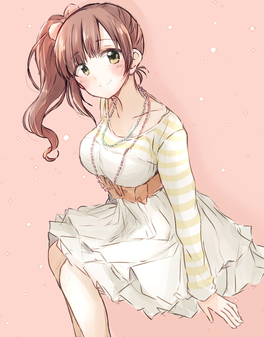 1girl ba_ra_ran bangs belt_buckle blunt_bangs blush bow breasts brown_hair buckle collarbone dress feet_out_of_frame hair_bow highres idolmaster idolmaster_cinderella_girls igarashi_kyoko invisible_chair looking_at_viewer medium_breasts red_background shirt side_ponytail simple_background sitting smile solo striped striped_shirt wavy_hair white_dress yellow_eyes