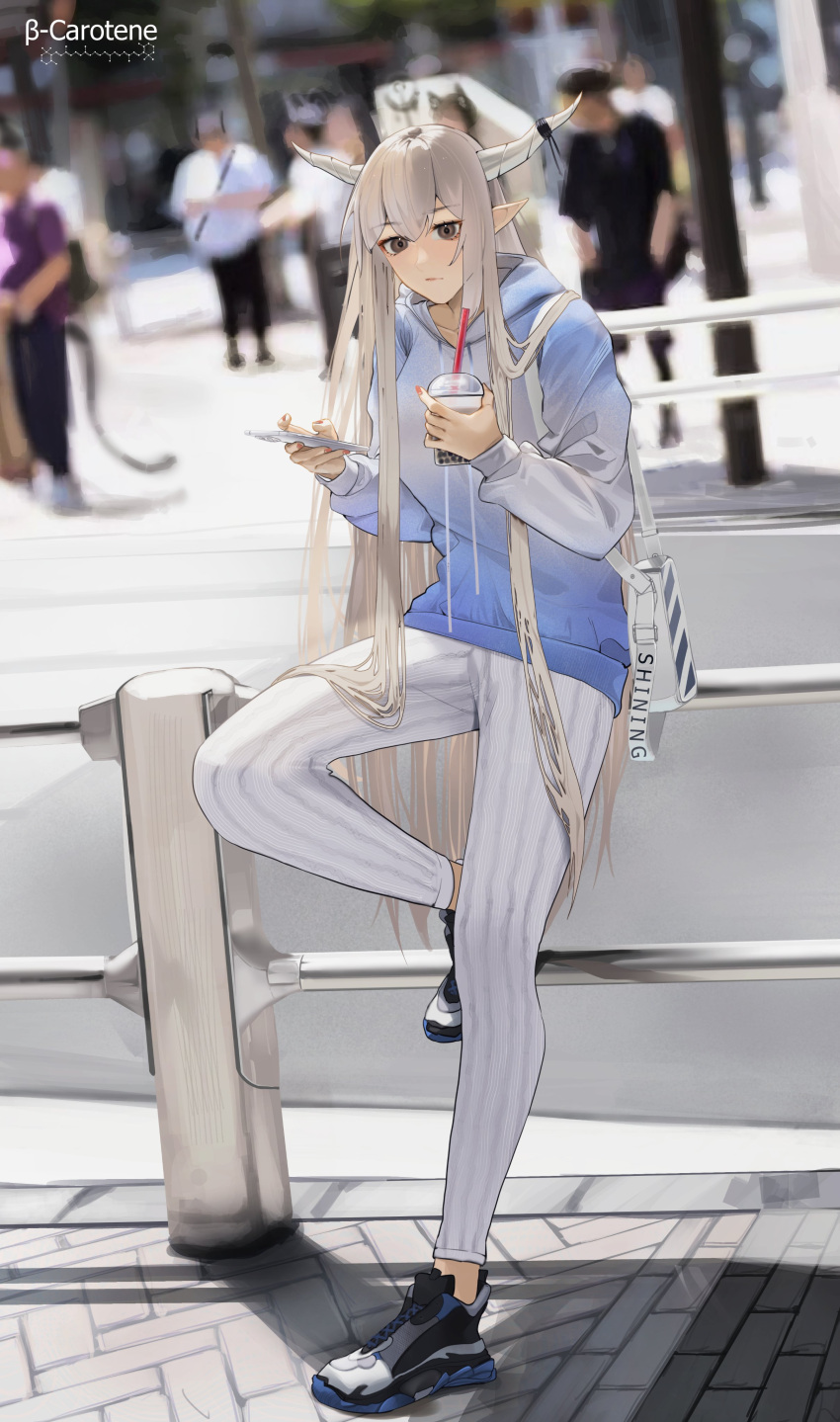 1girl absurdres against_railing alternate_costume arknights bangs black_footwear blue_hoodie brown_eyes casual cellphone closed_mouth cup day disposable_cup grey_hair highres holding holding_cup holding_phone hood hood_down hoodie leg_up long_hair long_sleeves looking_at_viewer lufi_ays nail_polish outdoors pants people phone railing red_nails road shining_(arknights) shoes smartphone sneakers solo_focus standing standing_on_one_leg straight_hair street striped striped_pants vertical-striped_pants vertical_stripes very_long_hair white_pants
