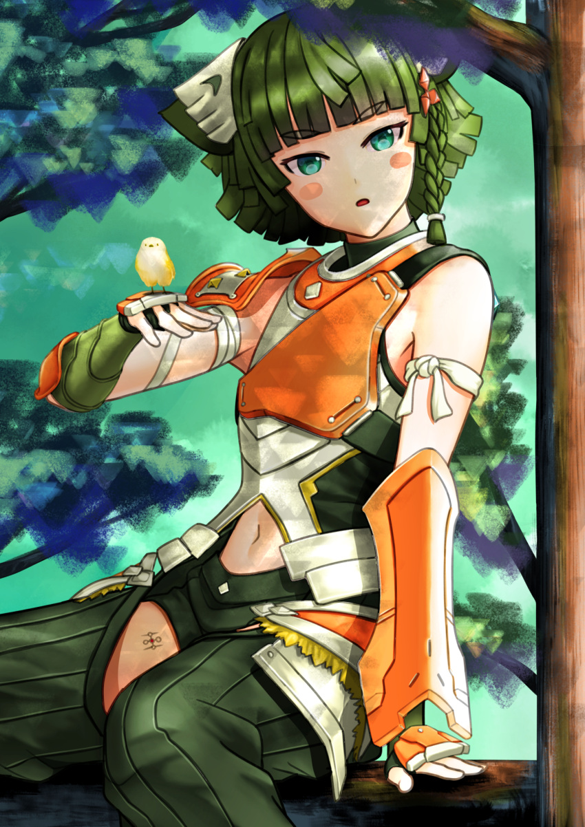 1other armor blush_stickers braid breastplate clothing_cutout gauntlets green_eyes green_hair haruhahinso highres juniper_(xenoblade) navel_cutout open_mouth orange_armor other_focus pale_skin shoulder_armor solo xenoblade_chronicles_(series) xenoblade_chronicles_3