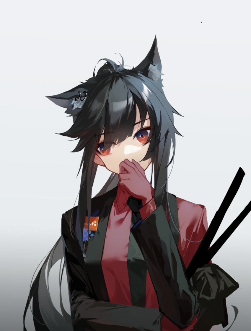 1girl animal_ear_fluff animal_ears arknights bangs black_hair black_jacket black_necktie breasts collared_shirt gloves gradient gradient_background grey_background hand_on_own_face highres jacket long_hair long_sleeves looking_away looking_to_the_side medium_breasts necktie off_shoulder official_alternate_costume open_clothes open_jacket owenhiruno ponytail red_eyes red_gloves red_shirt shirt sidelocks solo texas_(arknights) texas_(willpower)_(arknights) upper_body wolf_ears