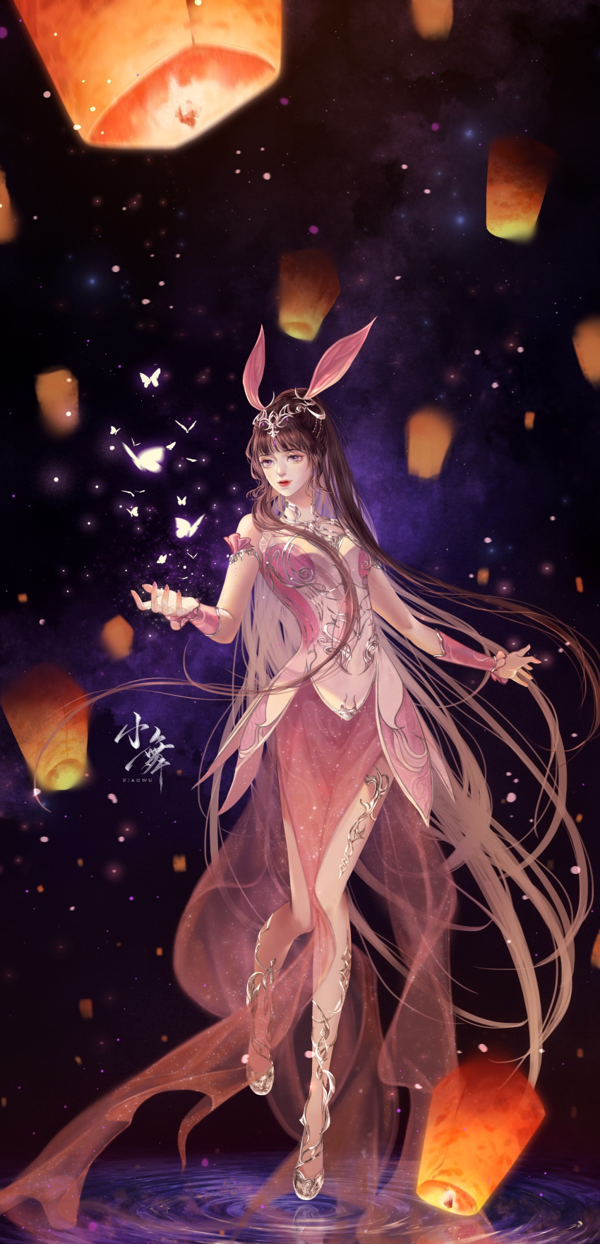 1girl absurdres animal_ears bare_legs brown_hair bug butterfly douluo_dalu douluo_dalu_xiaowu_zhuye dress full_body hair_ornament high_heels highres lantern looking_to_the_side night night_sky pink_dress ponytail rabbit_ears ripples sky solo water xiao_wu_(douluo_dalu)