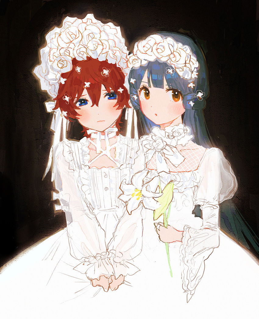 2girls :o black_background blue_eyes blue_hair blush bonnet brown_eyes clutching_clothes fishnets flower highres holding holding_flower idolmaster idolmaster_million_live! julia_(idolmaster) juliet_sleeves kitakami_reika lily_(flower) long_hair long_sleeves low_twintails multiple_girls puffy_sleeves redhead rose short_hair simple_background twintails white_flower white_rose yatatashira