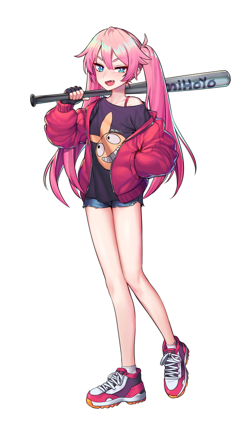 1girl :d absurdres aluminum_bat bangs baseball_bat black_gloves black_shirt blue_shorts casual denim denim_shorts fang fingerless_gloves gloves highres holding holding_baseball_bat homu_(honkai_impact) honkai_(series) honkai_impact_3rd jacket kam-ja long_hair long_sleeves looking_at_viewer open_mouth pink_hair red_jacket rozaliya_olenyeva shirt shoes shorts simple_background smile sneakers solo standing twintails white_background