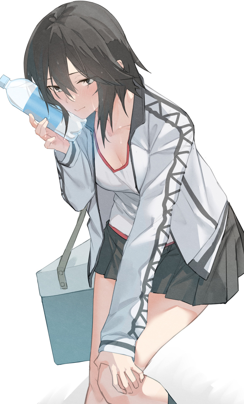 1girl absurdres black_hair black_skirt bottle_to_cheek cooler feet_out_of_frame grey_eyes gym_shirt gym_uniform hand_on_own_knee hayasui_(kancolle) highres jacket kantai_collection leaning_forward miniskirt open_clothes pleated_skirt shirt short_hair simple_background skirt solo track_jacket uru_rthn_ue white_background white_jacket white_shirt