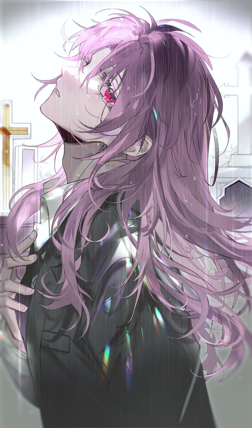 1boy adam's_apple bangs black_jacket collared_shirt cross eyelashes from_side graveyard hand_up hatsutori_hajime highres huolou jacket long_hair long_sleeves looking_at_viewer male_focus parted_lips profile purple_hair rain red_eyes saibou_shinkyoku shirt sideways_glance solo sparkle upper_body wet wet_hair white_shirt