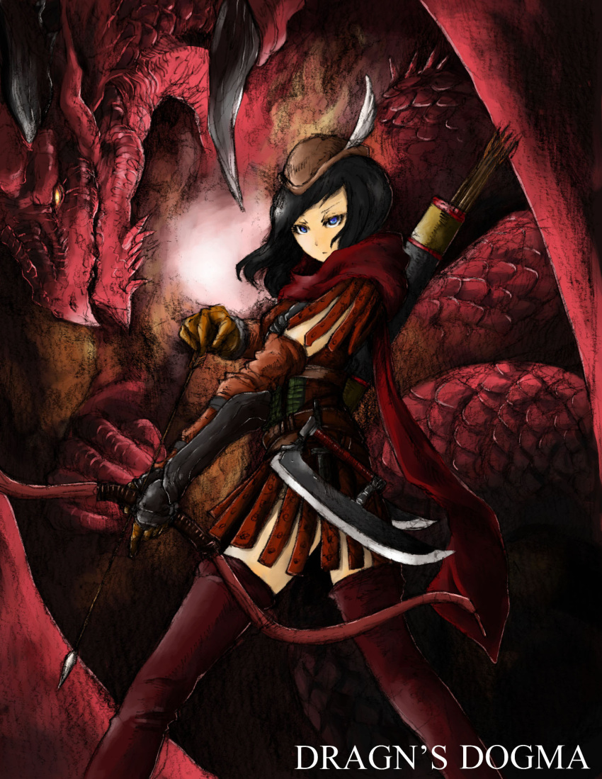 1girl arisen_(dragon's_dogma) arm_armor arrow_(projectile) black_hair blue_eyes bolt0002 bow_(weapon) brown_headwear closed_mouth copyright_name dagger dragon dragon's_dogma drawing_bow feathers gloves grigori_(dragon's_dogma) hat hat_feather highres holding holding_bow_(weapon) holding_weapon knife long_hair monster orange_gloves quiver red_legwear red_scarf scales scarf standing thigh-highs typo weapon white_feathers