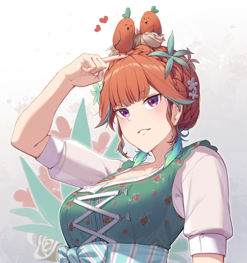 1girl animal_on_head arm_up bangs bird bird_on_hand braid collarbone commentary commentary_request cross-laced_clothes crown_braid dirndl dress english_commentary erezu floral_background floral_print flower german_clothes green_dress green_flower green_hair hair_flower hair_ornament heart highres hololive hololive_english index_finger_raised kotori_(takanashi_kiara) looking_at_viewer mixed-language_commentary multicolored_hair on_head orange_hair parted_lips print_dress see-through see-through_sleeves shiny shiny_hair shirt short_hair short_sleeves sidelocks sleeveless sleeveless_dress streaked_hair takanashi_kiara upper_body violet_eyes virtual_youtuber white_background white_flower white_shirt
