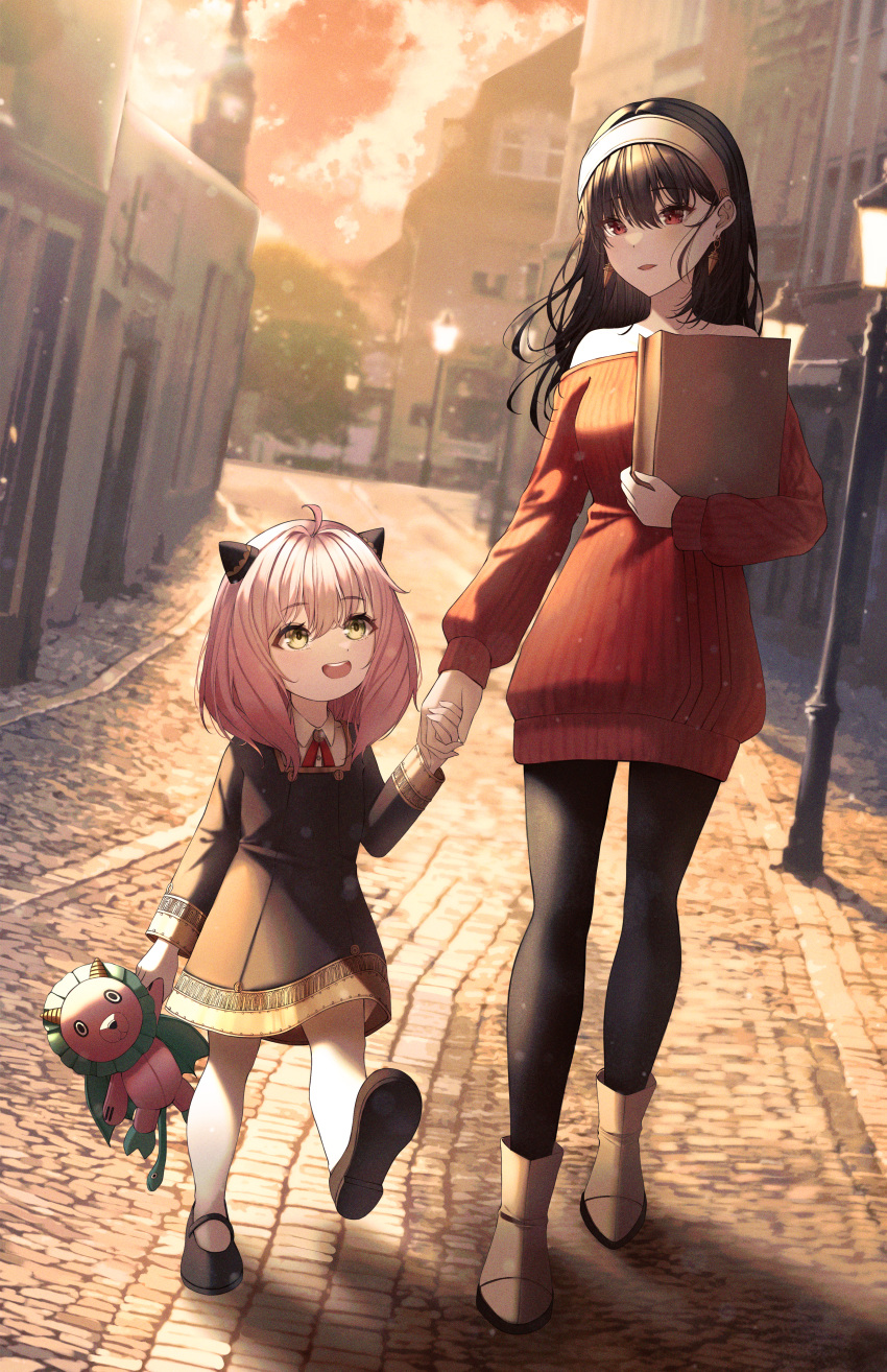 2girls :d absurdres ahoge ankle_boots anya_(spy_x_family) bag bare_shoulders black_dress black_footwear black_hair black_legwear boots breasts collared_shirt commentary dress earrings eden_academy_uniform female_child full_body gold_trim green_eyes hairband highres holding holding_bag holding_hands holding_stuffed_toy jewelry jung5u lamppost light_particles long_hair long_sleeves mary_janes medium_breasts medium_hair mother_and_daughter multiple_girls off-shoulder_sweater off_shoulder open_mouth outdoors pantyhose pink_hair red_sweater ribbed_sweater road school_uniform shadow shirt shoes shopping_bag smile spy_x_family square_neckline standing stone_floor street stuffed_toy sunlight sweater teeth thigh-highs town upper_teeth walking white_footwear white_legwear white_shirt yor_briar