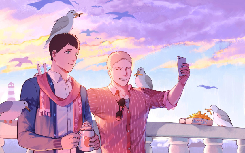 2boys animal bertolt_hoover bird black_hair blonde_hair blue_jacket closed_eyes clouds collared_shirt cup eyewear_on_clothing eyewear_removed highres holding holding_cup holding_phone jacket male_focus multiple_boys open_clothes open_jacket outdoors phone red_shirt reiner_braun selfie shadowlll2 shingeki_no_kyojin shirt sky sleeves_rolled_up smile sunglasses sunset teeth upper_body v white_shirt