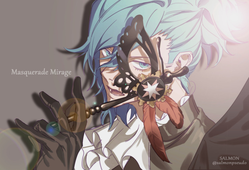 1boy ascot asymmetrical_hair black_gloves black_jacket blue_eyes blue_hair collared_shirt eye_mask feathers gloves grey_background hair_between_eyes high_ponytail highres holding holding_mask jacket jitome lens_flare looking_at_viewer lower_teeth male_focus mask mikaze_ai open_mouth portrait shirt short_ponytail simple_background solo song_name star_(symbol) teeth twitter_username uta_no_prince-sama wago white_ascot