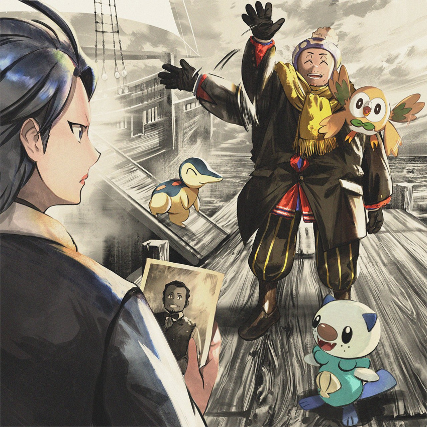 1boy 1girl afterimage arm_up closed_eyes closed_mouth commentary_request cyllene_(pokemon) cyndaquil facial_hair gloves grey_eyes grey_hair highres holding holding_photo jacket laventon_(pokemon) long_sleeves official_art open_mouth oshawott outdoors pants photo_(object) pokemon pokemon:_hisuian_snow pokemon_(creature) rowlet scarf ship shoes short_hair standing starter_pokemon_trio teeth tongue watercraft waving wooden_floor yellow_scarf
