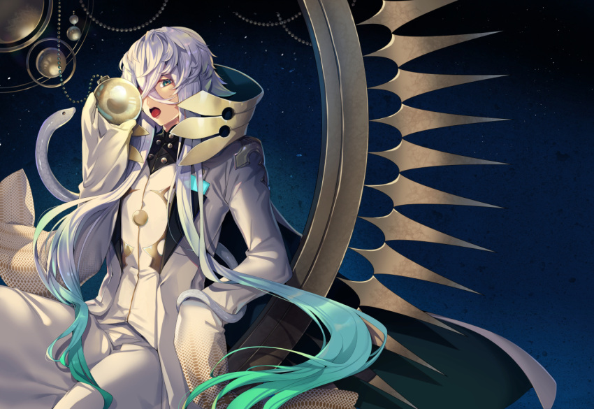 1boy animal asclepius_(fate) bangs commentary_request fate/grand_order fate_(series) gradient_hair green_eyes green_hair grey_hair hair_over_one_eye hand_up holding jacket long_hair long_sleeves looking_at_viewer male_focus multicolored_hair open_clothes open_jacket open_mouth pants ruri_rarako shirt sleeves_past_fingers sleeves_past_wrists snake solo teeth tongue tongue_out upper_teeth very_long_hair white_jacket white_pants white_shirt