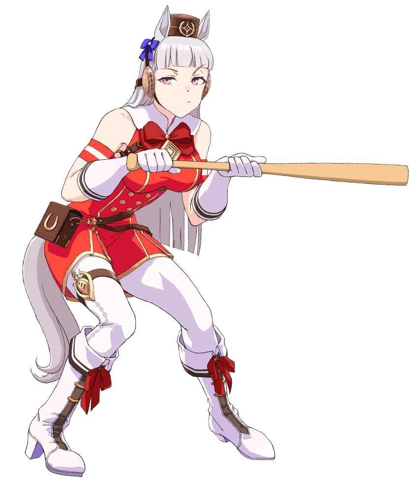 1girl absurdres animal_ears bag bangs bare_shoulders baseball_bat belt_bag blunt_bangs boots bow bowtie breasts brown_headwear bunting closed_mouth fez_hat full_body gloves gold_ship_(umamusume) hair_bow high_heel_boots high_heels highres holding holding_baseball_bat horse_ears horse_girl horse_tail knee_boots large_breasts long_hair looking_at_viewer pants purple_hair pursed_lips red_bow red_bowtie red_shirt satchel shirt simple_background sleeveless sleeveless_shirt solo standing tail thigh_strap tori_no_teriyaki umamusume uneven_eyes violet_eyes white_background white_footwear white_gloves white_pants
