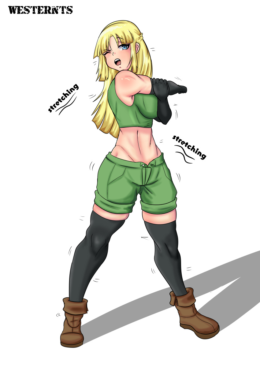 1girl black_cape black_gloves blonde_hair blue_eyes boots breasts crop_top crystal_story crystal_story_ii female_focus fingerless_gloves gloves green_clothes half_updo jewelry leg_wraps lina_(crystal_story) medium_breasts midriff muscle navel open_mouth ponytail satchel shorts stretching thief thighs