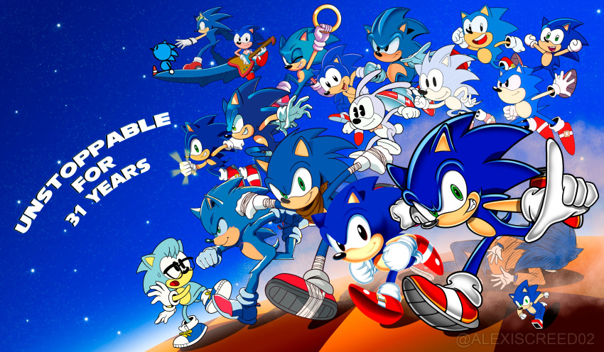 6+boys absurdres adventures_of_sonic_the_hedgehog alexiscreed black_eyes closed_mouth furry furry_male gloves green_eyes grin highres lego_dimensions mr._needlemouse multiple_boys multiple_persona nicky_(sonic) ok_k.o.!_let's_be_heroes red_footwear running shoes smile sneakers sonic_(series) sonic_boom_(game) sonic_mania_adventures sonic_the_hedgehog sonic_the_hedgehog_(classic) sonic_the_hedgehog_(ova) sonic_underground sonic_x ugly_sonic white_gloves