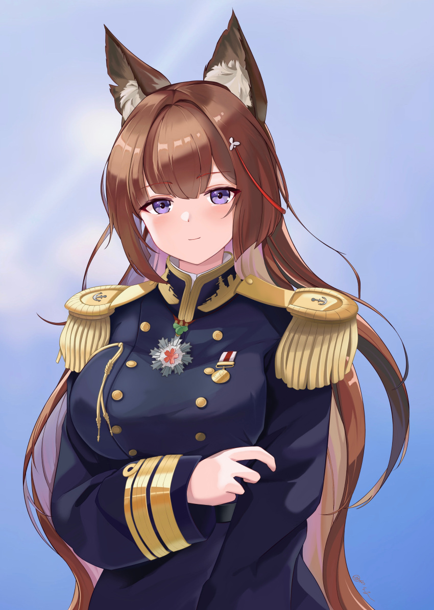 1girl absurdres aiguillette amagi_(azur_lane) animal_ears azur_lane brown_hair epaulettes fox_ears fox_girl highres kitsune long_hair looking_at_viewer military military_jacket military_uniform naval_uniform smile solo thick_eyebrows uniform violet_eyes wutong_mingye