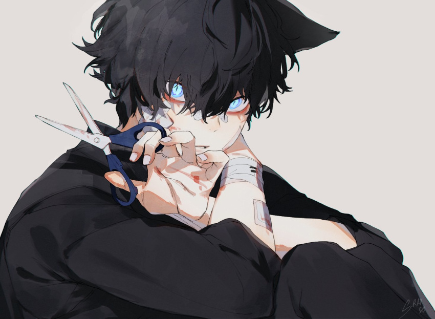 1boy animal_ears bandaged_arm bandages bandaid bandaid_on_face bandaid_on_nose bangs black_hair black_pants black_shirt blue_eyes cat_ears commentary crossed_arms crossed_bangs dated english_commentary floppy_ears grey_background hair_between_eyes hair_over_eyes hand_on_own_shoulder hands_up holding holding_scissors looking_at_viewer male_focus messy_hair open_hand original pants parted_lips scissors shirt short_hair signature simple_background slit_pupils solo srro_yo teeth x_arms