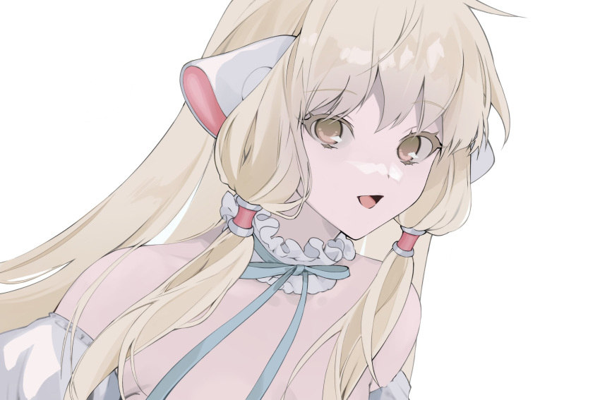 1girl bare_shoulders blonde_hair blue_ribbon brown_eyes cali_kki chii chobits choker frilled_choker frills grin hair_tubes highres long_hair looking_at_viewer open_mouth puffy_sleeves ribbon robot_ears smile solo upper_body white_background