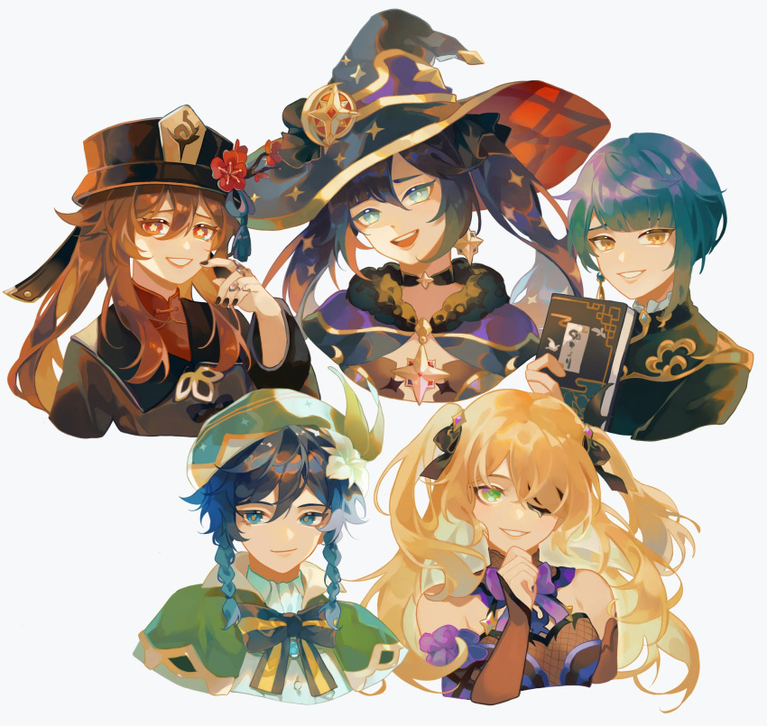 2boys 3girls black_nails blonde_hair blue_eyes blue_hair brown_hair chinese_clothes coat earrings fischl_(genshin_impact) flower flower-shaped_pupils genshin_impact gradient_hair green_eyes hat hayashikana highres hu_tao_(genshin_impact) jewelry mona_(genshin_impact) multicolored_hair multiple_boys multiple_girls open_mouth red_eyes ring symbol-shaped_pupils teeth twintails venti_(genshin_impact) white_background xingqiu_(genshin_impact) yellow_eyes