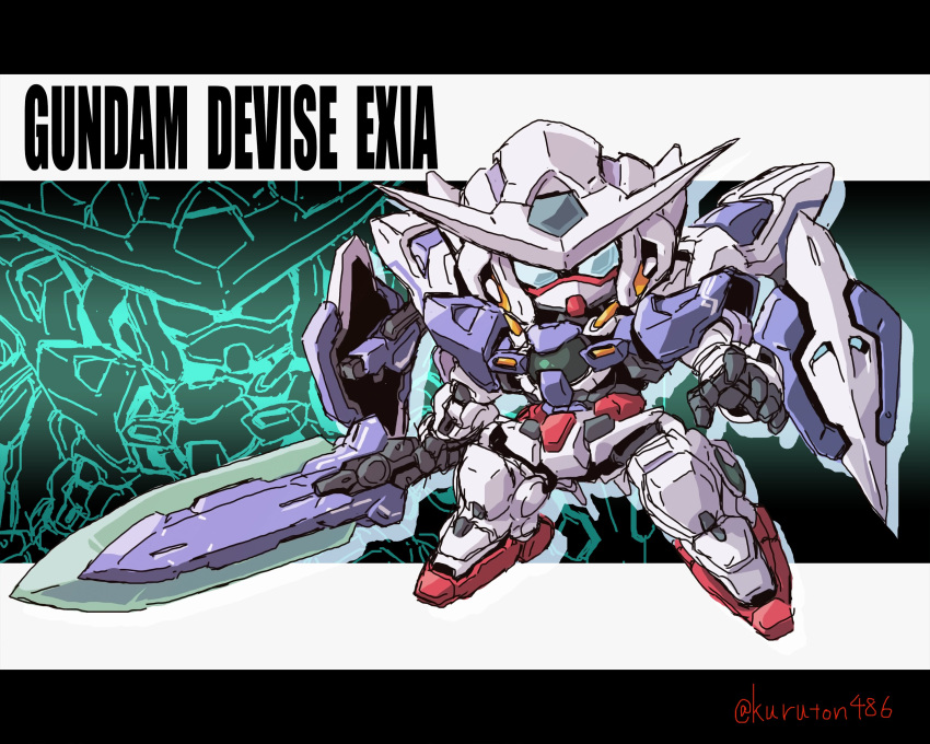 blue_eyes chibi gundam gundam_00 gundam_00_revealed_chronicle gundam_devise_exia highres holding holding_sword holding_weapon kuruton486 looking_at_viewer mecha mobile_suit open_hand robot science_fiction sketch solo sword v-fin weapon