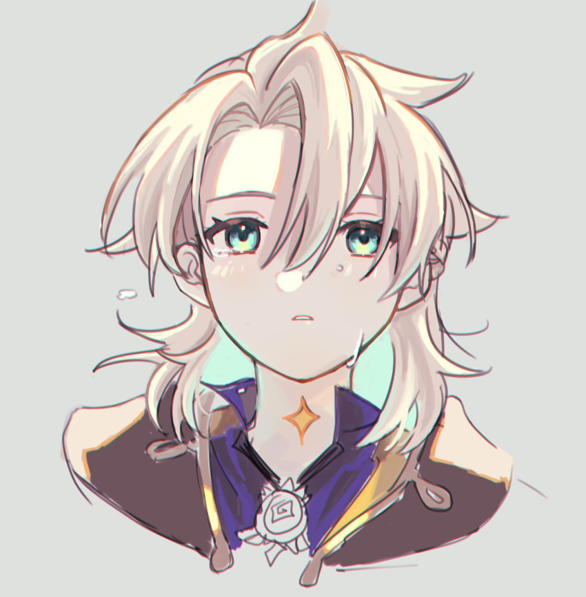 1boy albedo_(genshin_impact) androgynous aqua_eyes bangs blonde_hair blush collar_up collared_coat collared_shirt crossed_bangs crying genshin_impact grey_background gs_bf96 hair_between_eyes highres korean_commentary male_focus medium_hair messy_hair multicolored_eyes parted_bangs parted_lips purple_shirt sad shirt simple_background sketch solo star_(symbol) tearing_up tears teeth translation_request vision_(genshin_impact) yellow_eyes