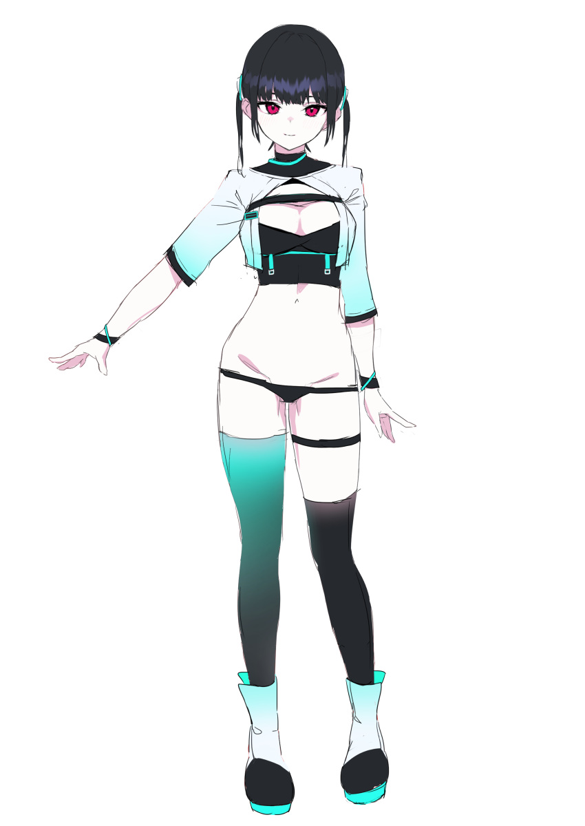 1girl absurdres asymmetrical_legwear black_hair black_legwear bracelet closed_mouth gradient gradient_clothes gradient_legwear highres jewelry mismatched_legwear navel original pomesaurus red_eyes short_hair simple_background sketch smile solo standing thigh_strap turtleneck twintails white_background