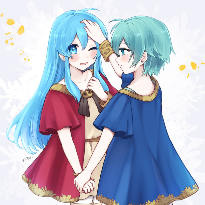 1boy 1girl aqua_eyes aqua_hair bangs bracelet brother_and_sister collarbone eirika_(fire_emblem) ephraim_(fire_emblem) fire_emblem fire_emblem:_the_sacred_stones fire_emblem_heroes hair_between_eyes hand_on_another's_head highres holding_hands jewelry long_hair misato_hao one_eye_closed petals short_hair siblings sidelocks signature smile twins younger