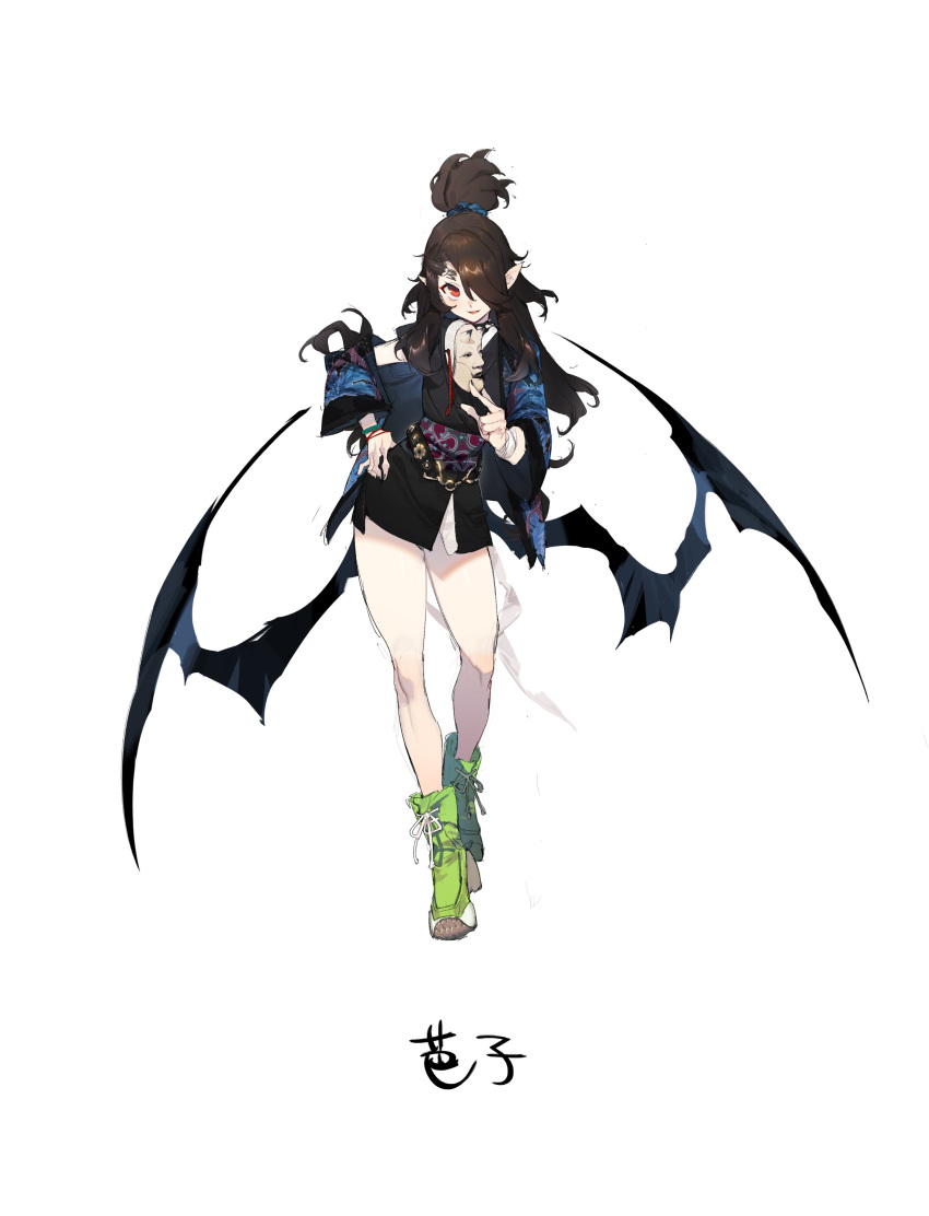 1girl absurdres bandaged_arm bandages bare_legs black_horns bracelet brown_hair contrapposto demon_wings detached_sleeves fingernails gebijiade_89 green_footwear grey_background hair_over_one_eye hand_on_hip highres holding holding_mask horns jewelry long_fingernails long_hair low_wings mask mask_removed oni open_mouth original patterned patterned_clothing pointy_ears red_eyes simple_background single_horn sketch smile solo wings