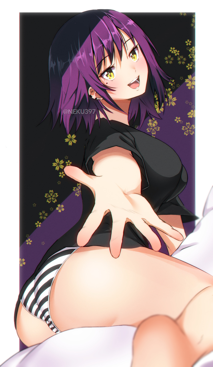 1girl :d absurdres ass earrings happy highres jewelry looking_at_viewer mole mole_under_eye neku397 open_mouth original panties purple_hair reaching_out short_hair simple_background sitting smile solo striped striped_panties underwear yellow_eyes