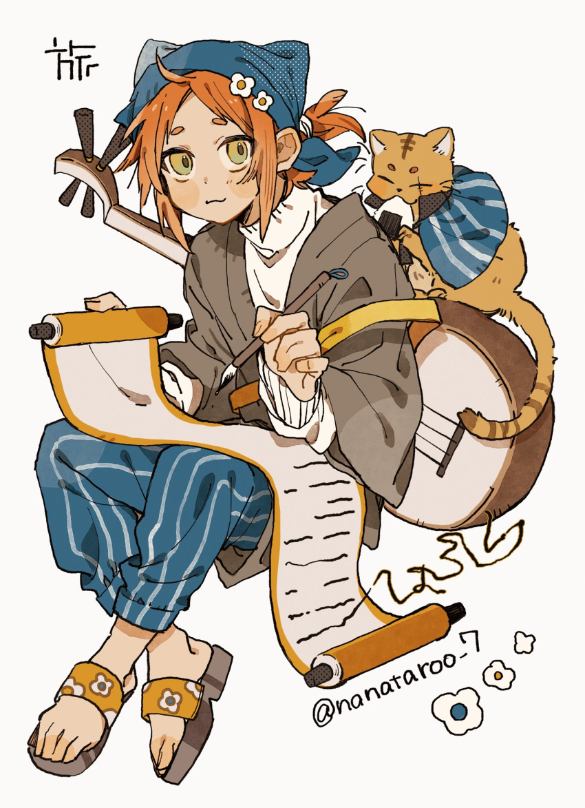 1boy :3 animal blue_headwear blue_pants calligraphy_brush cat crossed_ankles flower food full_body gradient_eyes green_eyes hair_flower hair_ornament head_scarf highres holding holding_scroll instrument instrument_on_back long_sleeves looking_at_viewer lute_(instrument) male_focus multicolored_eyes nanataroo_7 onigiri orange_hair original paintbrush pants ponytail sandals scroll short_eyebrows short_hair short_ponytail sidelocks sleeves_past_wrists solo striped striped_pants sweater turtleneck turtleneck_sweater twitter_username white_background white_sweater yellow_eyes