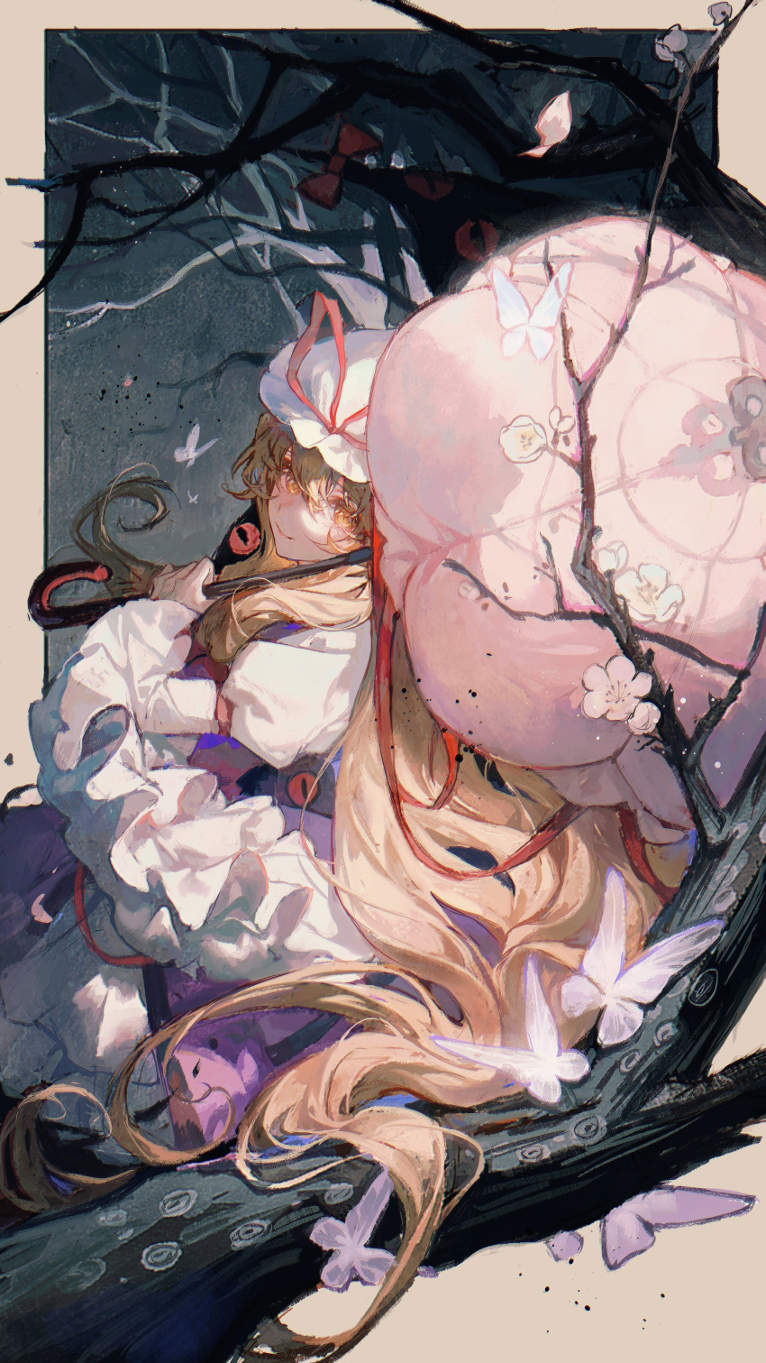 1girl absurdres bangs blonde_hair bow branch bug butterfly commentary dress feet_out_of_frame flower from_above gap_(touhou) hat hat_ribbon highres holding holding_umbrella juliet_sleeves long_hair long_sleeves looking_at_viewer maccha_(mochancc) mob_cap parasol puffy_sleeves purple_tabard red_bow red_ribbon ribbon smile solo touhou umbrella white_dress white_headwear yakumo_yukari yellow_eyes