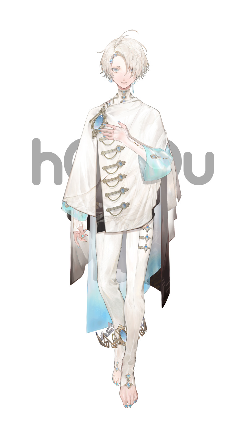 1boy absurdres ahoge anklet aqua_eyes aqua_gemstone aqua_nails barefoot cape cloak copyright_name crystal_earrings earrings elbow_gloves fingerless_gloves gloves hair_over_one_eye hand_on_own_chest highres houou_project jewelry logo long_sleeves looking_at_viewer nail_polish official_art one_eye_covered pants sankaai see-through see-through_sleeves short_hair solo standing virtual_youtuber white_background white_cloak white_gloves white_hair white_pants