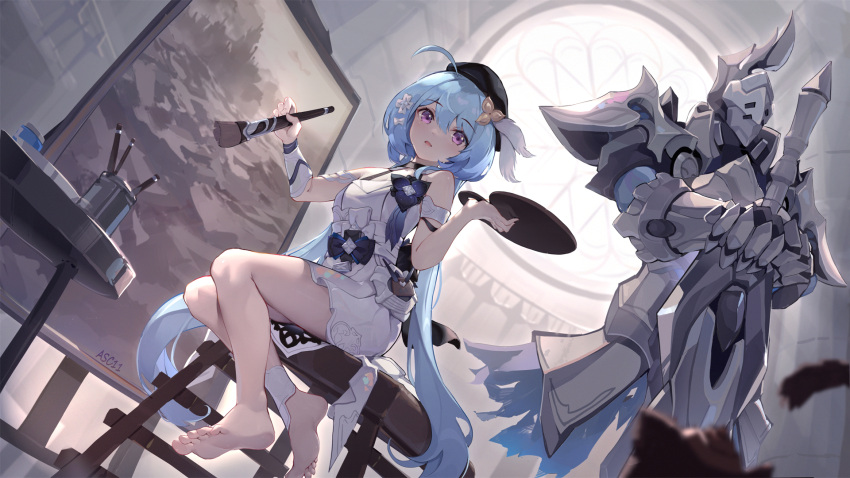 asc11 bangs bare_shoulders barefoot blue_hair breasts dress eyebrows_behind_hair feet griseo hair_between_eyes hair_ornament hairclip hat highres holding holding_paintbrush holding_palette honkai_(series) honkai_impact_3rd legs long_hair looking_at_viewer open_mouth paintbrush palette_(object) sitting sleeveless small_breasts soles thighs toes violet_eyes white_dress