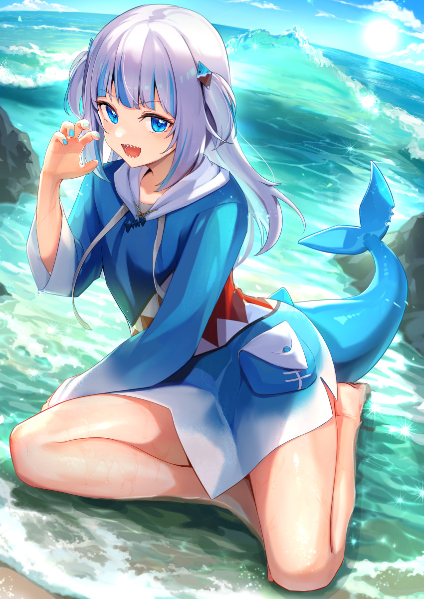 1girl absurdres blue_jacket fish_tail gawr_gura highres hololive hololive_english jacket looking_at_viewer maeshimashi open_mouth shark_tail sharp_teeth solo tail teeth thighs virtual_youtuber wet