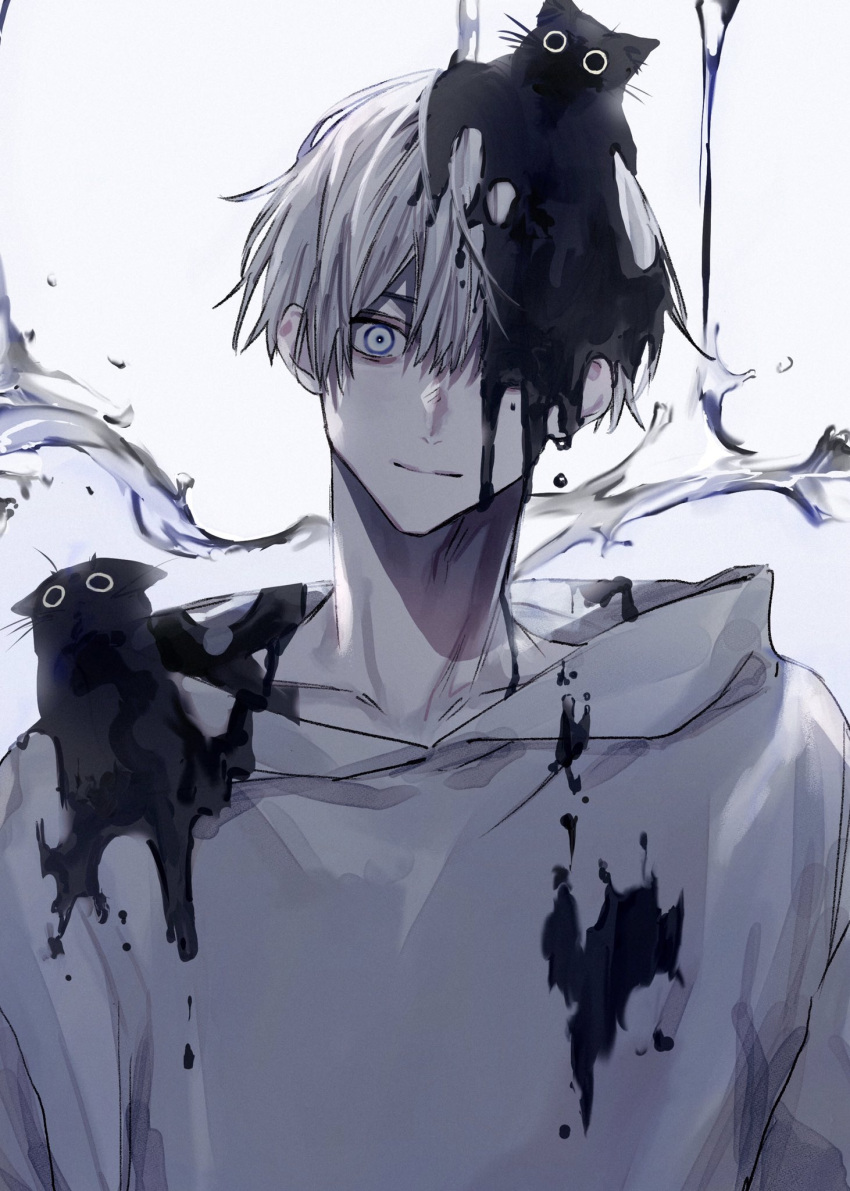 1boy animal animal_on_head animal_on_shoulder black_cat blue_eyes cat closed_mouth collar creature creature_on_head creature_on_shoulder dripping grey_hair grey_hoodie highres hood hood_down hoodie light_blue_eyes liquid looking_at_viewer male_focus on_head on_shoulder original slime_(substance) stain taiyakitarou transparent water