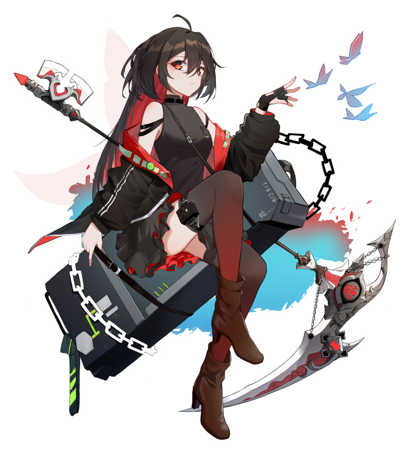 1girl absurdres ahoge bangs black_dress black_gloves black_jacket bob_cut boots bug butterfly cadual closed_mouth dress fingerless_gloves full_body gloves highres honkai_(series) honkai_impact_3rd jacket kuo_(kuo114514) long_hair long_sleeves looking_at_viewer red_eyes red_footwear red_legwear redhead scythe seele_(alter_ego) seele_vollerei simple_background single_glove smile solo weapon white_background