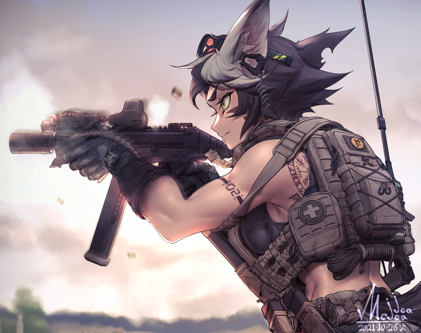 absurdres animal_ears antennae b&amp;t_apc backpack bag bulletproof_vest close-up eyewear_on_head firing first_aid_kit glowstick gun highres holding holding_weapon kemonomimi_mode looking_to_the_side mcjoajoa military monster_girl muscular muscular_female optical_sight original shooting_range shorts sports_bra submachine_gun suppressor tail tattoo weapon