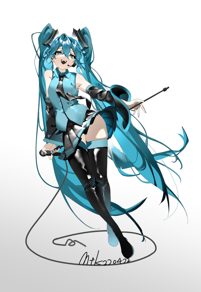 absurdres black_footwear black_necktie black_skirt blue_eyes blue_hair boots bright_pupils dated detached_sleeves eyelashes gradient gradient_background green_eyes hair_between_eyes hatsune_miku high_heels highres holding holding_microphone holding_microphone_stand long_eyelashes long_hair microphone microphone_stand mitsuki3s_kir multicolored_eyes necktie open_mouth shiny shiny_hair signature skindentation skirt teeth thigh_boots twintails upper_teeth very_long_hair vocaloid white_pupils yellow_eyes