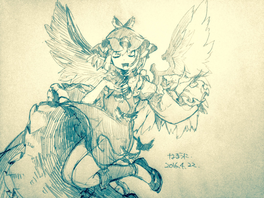 1girl animal_ears artist_name bird_ears bird_wings dated dress fingernails frilled_sleeves frills highres kneehighs long_fingernails long_sleeves monochrome music mystia_lorelei namauni open_mouth sharp_fingernails shoes short_hair singing sketch smile solo touhou traditional_media wide_sleeves winged_hat wings