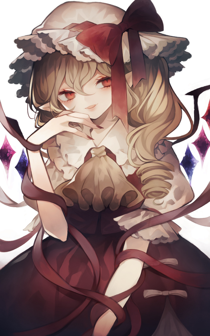 1girl absurdres ascot bangs blonde_hair blush bow collared_shirt crystal dress dress_bow drill_hair fingernails flandre_scarlet frills grey_bow grey_headwear hair_between_eyes hand_up hat hat_bow highres jewelry long_fingernails looking_to_the_side mob_cap multicolored_wings nail_polish one_side_up open_mouth pointy_ears puffy_short_sleeves puffy_sleeves red_bow red_dress red_eyes red_nails shirt short_hair short_sleeves simple_background smile solo standing tape touhou white_background white_shirt wings wiriam07 yellow_ascot