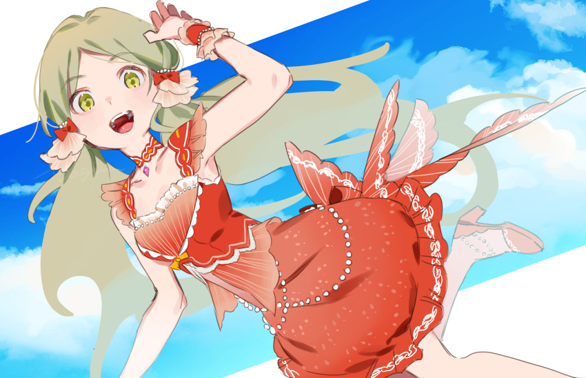 1girl bow breasts choker clouds dress dress_bow green_eyes green_hair hair_bow handa_roco highres idolmaster idolmaster_million_live! idolmaster_million_live!_theater_days long_hair looking_at_viewer low_twintails open_mouth red_bow red_choker red_dress red_footwear sky small_breasts solo twintails very_long_hair yagita_(astronomie)