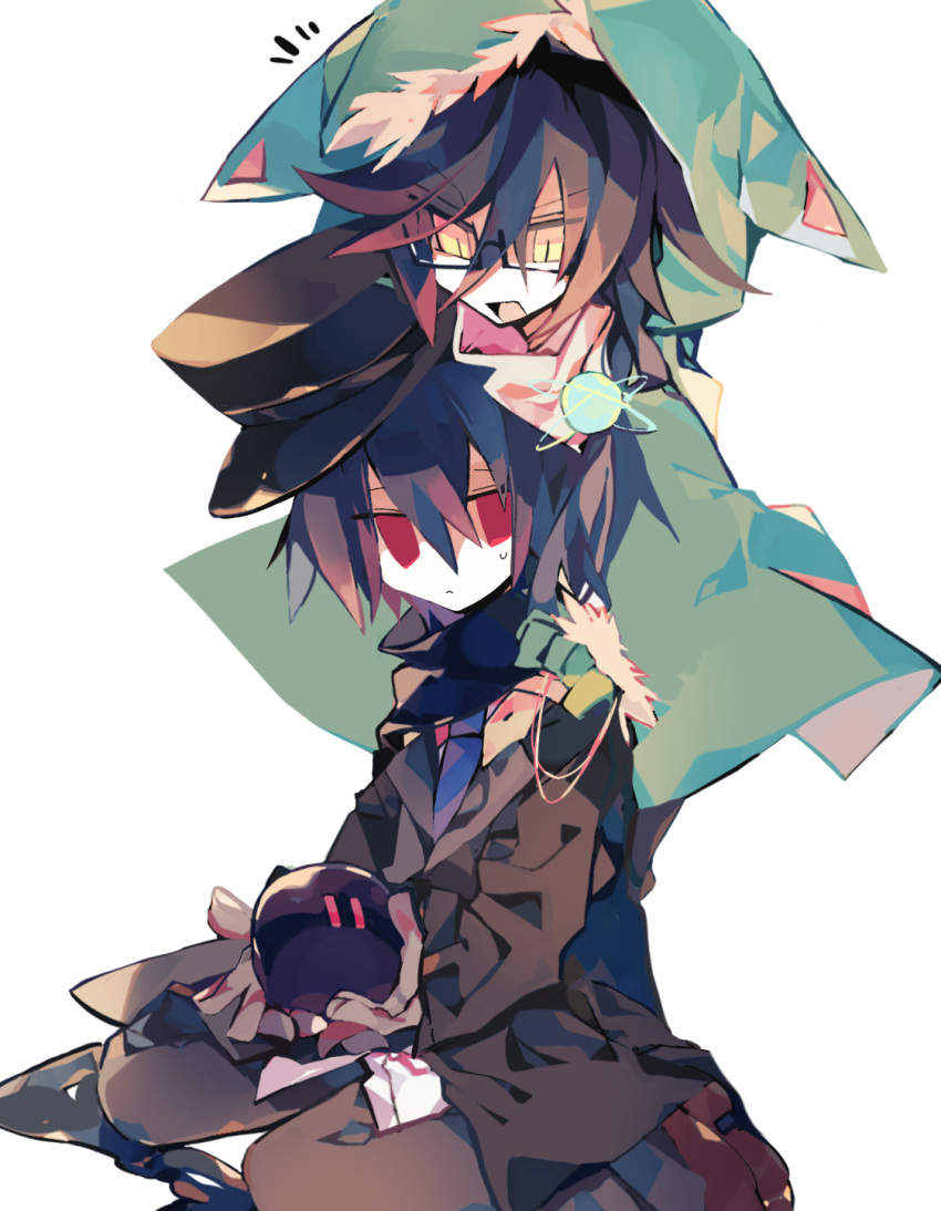 2boys black_hair brown_hair frown glasses hat hello_hollow_world! highres looking_down meto_(metrin) multiple_boys official_art open_mouth red_eyes short_hair slit_pupils tsathoggua_(hello_hollow_world!) yatsume_(hello_hollow_world!) yellow_eyes