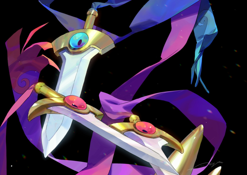 black_background blue_eyes doublade highres honedge looking_at_viewer no_humans pink_eyes pokemon pokemon_(creature) signature simple_background sword weapon yagita_(astronomie)