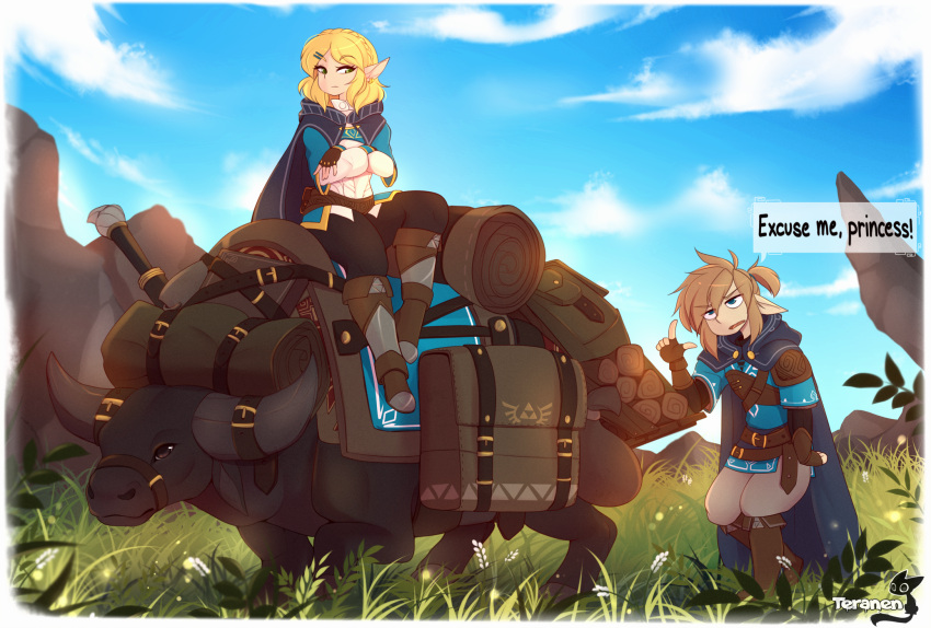 1boy 1girl animal annoyed arm_at_side armor artist_name bag bangs belt black_legwear blonde_hair blue_cape blue_eyes blue_jacket blue_sky boots border braid brown_eyes brown_footwear brown_gloves brown_hair bull cape closed_mouth clouds commentary crossed_arms crown_braid day earrings english_commentary english_text excuse_me_princess_(meme) exhausted fingerless_gloves flower full_body gloves grass green_eyes grey_pants hair_ornament hair_tie hairclip half-closed_eyes hand_up highres index_finger_raised jacket jewelry jitome knee_boots layered_sleeves leggings link log long_sleeves looking_at_another looking_to_the_side meme multiple_earrings open_mouth outdoors pants parted_bangs pointy_ears ponytail pouch princess_zelda riding saddle shiny shiny_hair shirt short_hair short_over_long_sleeves short_sleeves shoulder_armor sidelocks sidesaddle sitting sky speech_bubble standing talking teranen the_legend_of_zelda the_legend_of_zelda:_breath_of_the_wild the_legend_of_zelda:_breath_of_the_wild_2 triforce v-shaped_eyebrows walking watermark white_border white_flower white_shirt