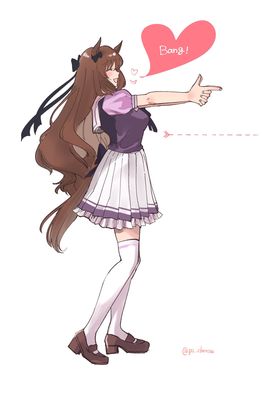 1girl animal_ears bangs brown_footwear brown_hair chizu_kabe closed_eyes dotted_line ear_bow english_text finger_gun full_body heart highres horse_ears horse_girl horse_tail long_hair maruzensky_(umamusume) open_mouth puffy_short_sleeves puffy_sleeves purple_shirt sailor_collar shirt shoes short_sleeves simple_background skirt solo speech_bubble standing tail thigh-highs twitter_username umamusume white_background white_legwear white_skirt