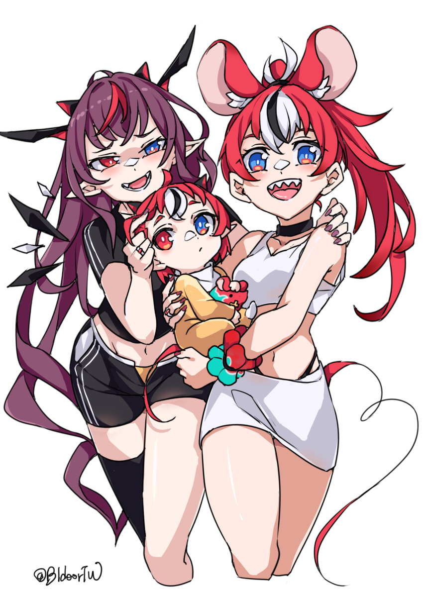 3girls absurdres animal_ears baby bare_legs bare_shoulders bidortw blouse choker couple crystal demon_girl demon_horns detached_wings hakos_baelz heterochromia highres hololive hololive_english horns if_they_mated irys_(hololive) jewelry long_hair looking_at_viewer mini_wings miniskirt mouse_ears mouse_girl mouse_tail multicolored_hair multiple_girls multiple_horns nail_polish navel open_mouth ponytail ring sharp_teeth shirt shorts signature simple_background single_thighhigh skirt tail teeth thigh-highs thighs very_long_hair white_background wife_and_wife wings yuri