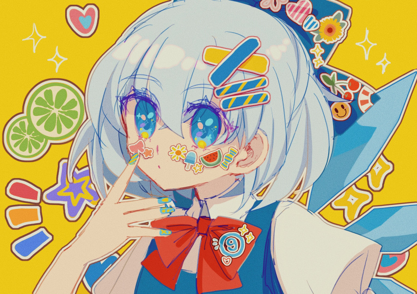 1girl absurdres bangs blue_bow blue_eyes blue_hair blue_nails blue_vest bow bowtie candy cherry chinese_commentary circled_9 cirno collared_shirt flower food fruit hair_bow hair_ornament hairclip heart highres ice ice_wings looking_at_viewer nail_polish notice_lines red_bow shirt shocho_(shaojiujiu) short_hair smiley_face solo sparkle sparkling_eyes sticker sticker_on_face sun sunflower touhou two-tone_nails upper_body vest white_shirt wings x_hair_ornament yellow_background yellow_nails