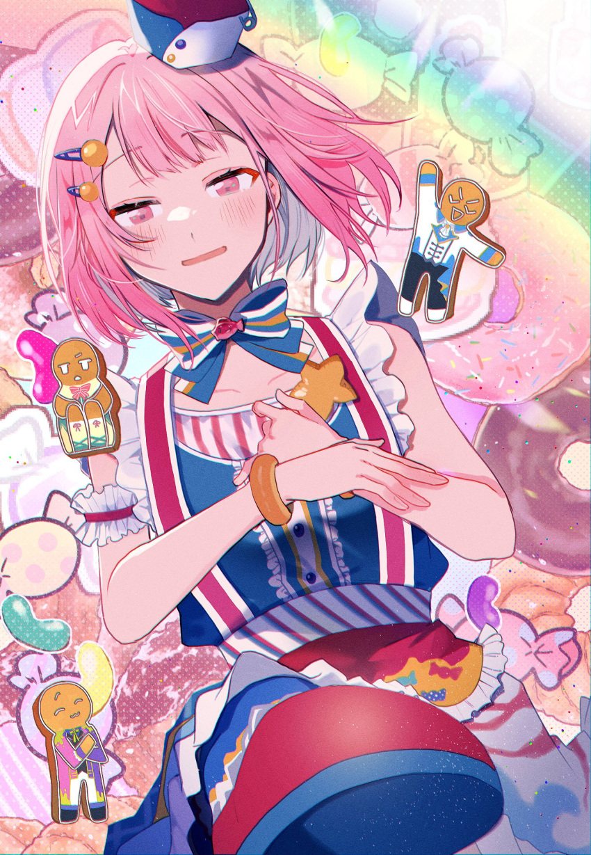 candy doughnut food gingerbread_man hair_ornament hairclip highres kamishiro_rui kusanagi_nene manami_(aph-23) ootori_emu pink_eyes pink_hair project_sekai ribbon short_hair smile solo sweets tenma_tsukasa wonderlands_x_showtime_(project_sekai)