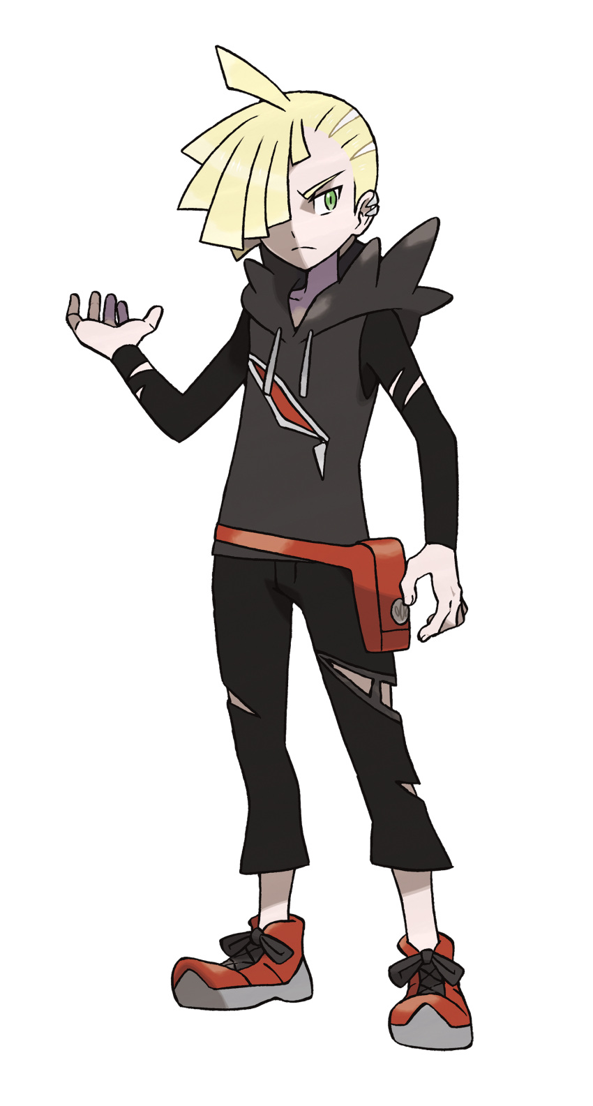 1boy absurdres ahoge bangs black_pants blonde_hair closed_mouth ear_piercing fanny_pack frown full_body gladion_(pokemon) green_eyes hair_over_one_eye highres hood hood_down male_focus official_art pants piercing pokemon pokemon_(game) pokemon_sm red_footwear red_legwear shoes short_hair solo standing sugimori_ken torn_clothes torn_pants transparent_background